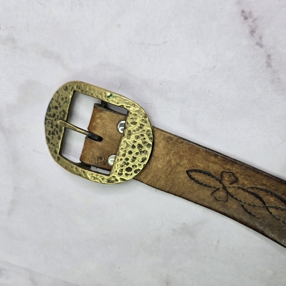 Vintage Leather Belt Western Stud Engraved Tooled Brass 34 35 36 37 Womens - Picture 2 of 10